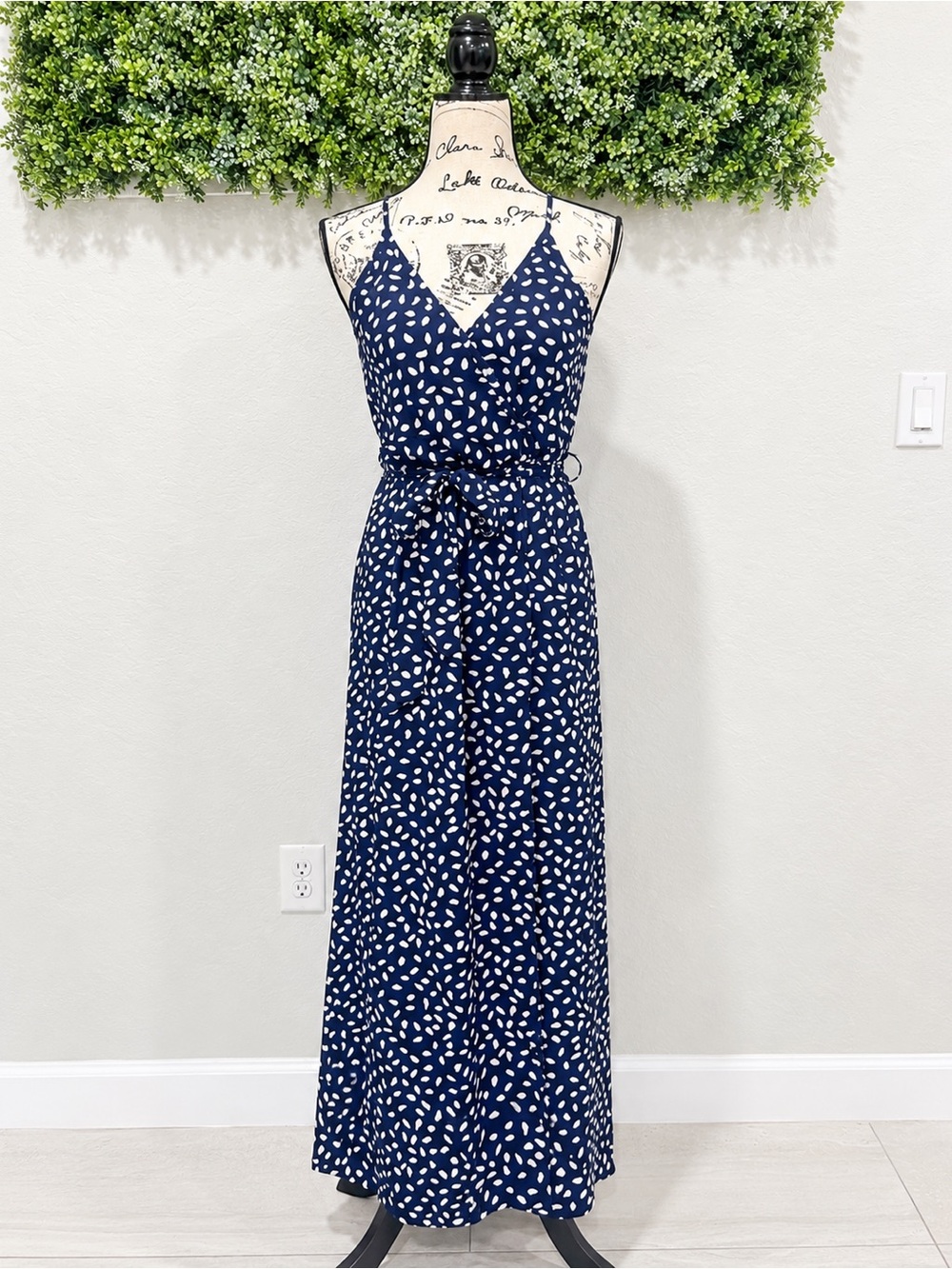 SHEIN Navy Blue White Print Wrap Maxi Dress Size S